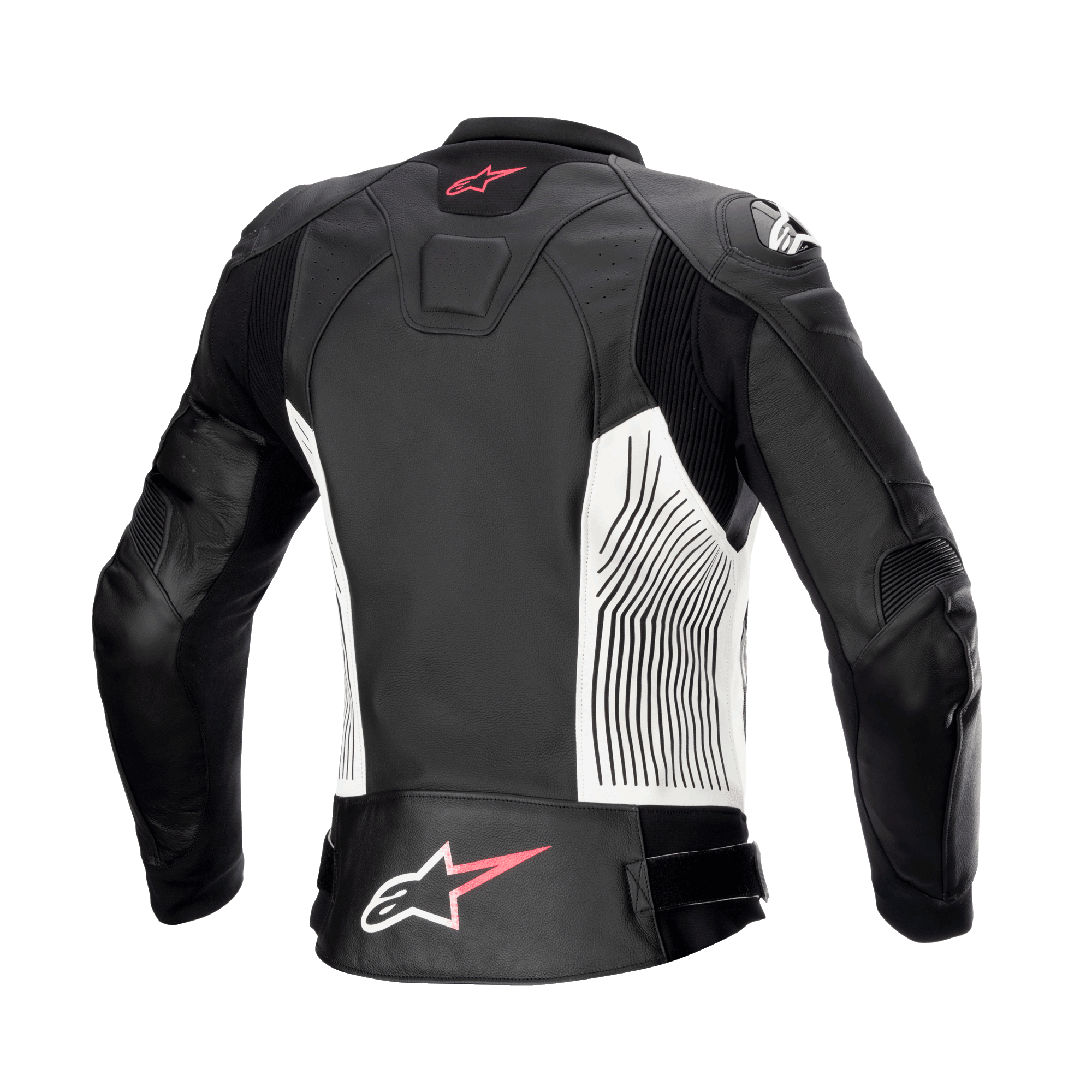 Giacca in pelle Alpinestars Stella GP Plus V4 da donna, nero, bianco e Diva Pink, vista posteriore, con pannelli laterali bianchi con linee grafiche nere, loghi Alpinestars rosa e bianchi sulla parte superiore e inferiore della schiena e pannelli in pelle a fisarmonica per una maggiore mobilità.