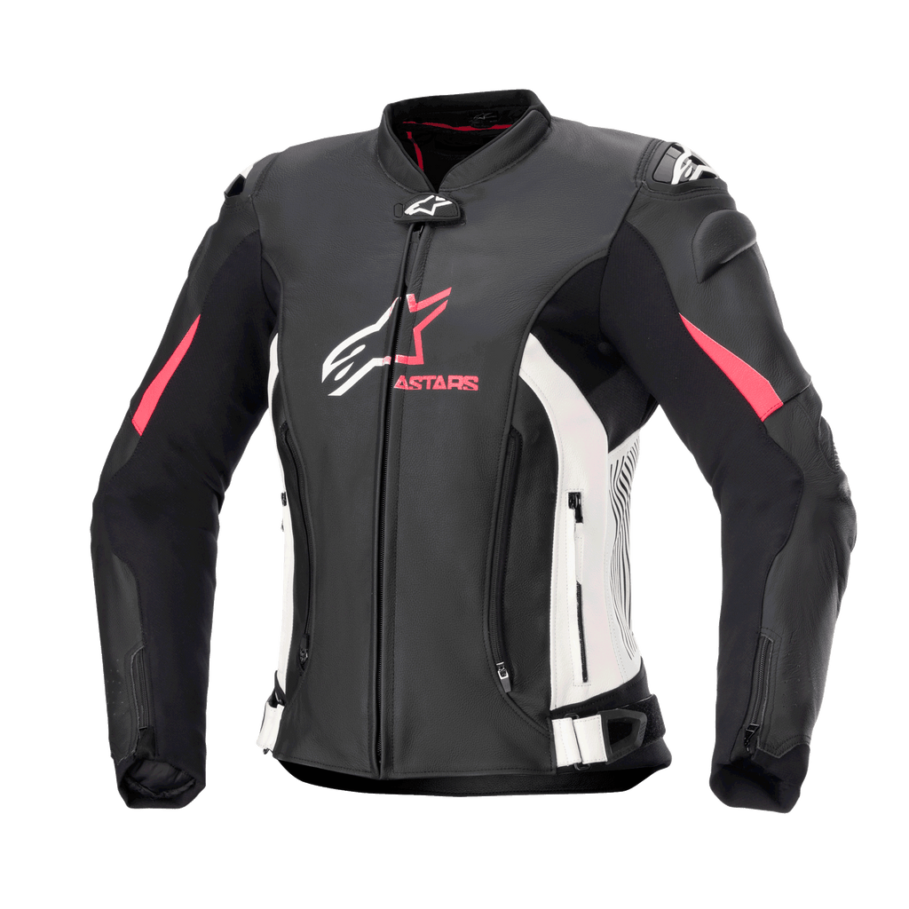 Giacca in pelle Alpinestars Stella GP Plus V4 da donna, giacca da moto racing, nera con accenti bianchi e Diva Pink, costruzione in pelle premium, dotata di cerniere frontali e addominali, cinghie regolabili in vita e spalle imbottite, design dalla silhouette femminile