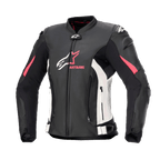 Giacca in pelle Alpinestars Stella GP Plus V4 da donna, giacca da moto racing, nera con accenti bianchi e Diva Pink, costruzione in pelle premium, dotata di cerniere frontali e addominali, cinghie regolabili in vita e spalle imbottite, design dalla silhouette femminile