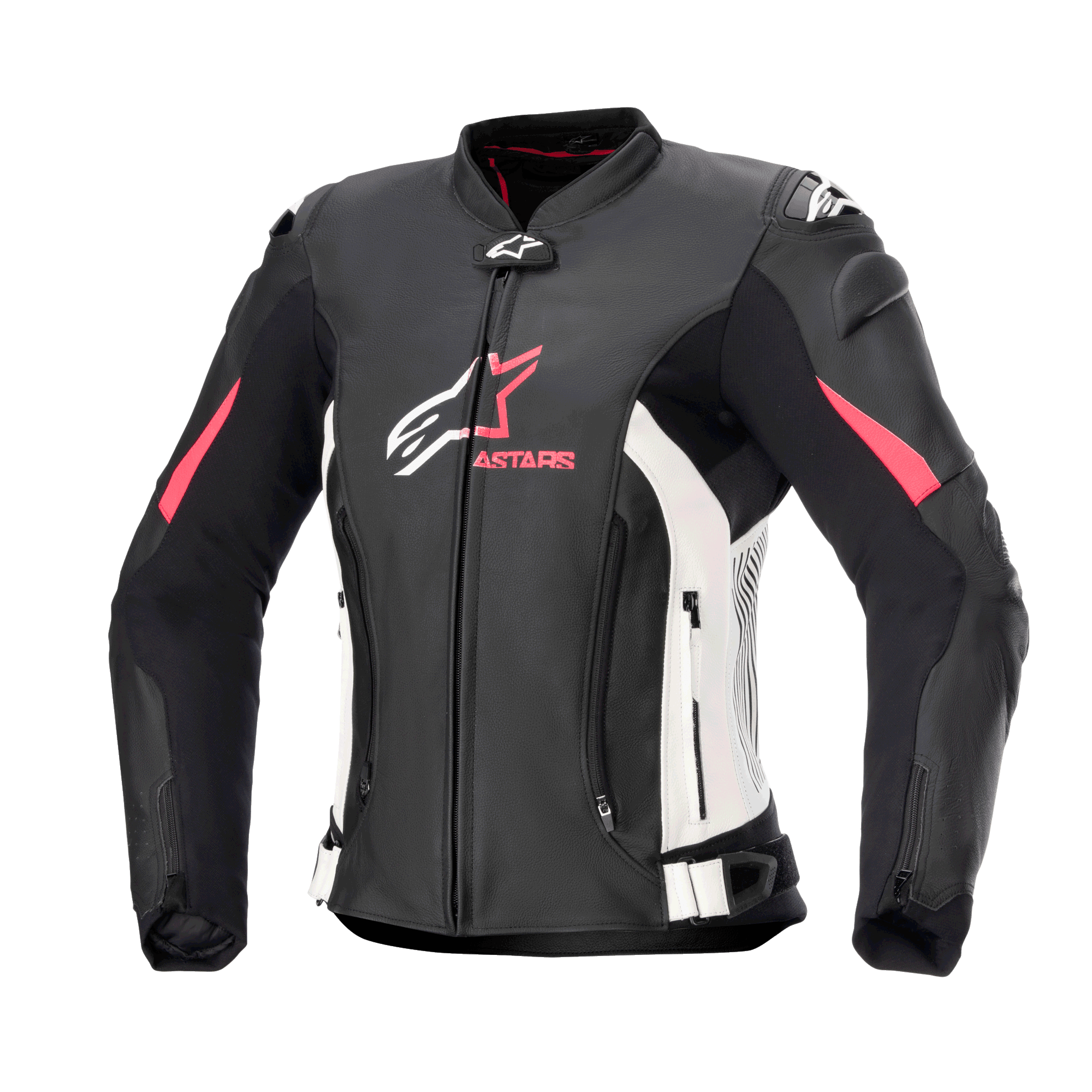Giacca in pelle Alpinestars Stella GP Plus V4 da donna, giacca da moto racing, nera con accenti bianchi e Diva Pink, costruzione in pelle premium, dotata di cerniere frontali e addominali, cinghie regolabili in vita e spalle imbottite, design dalla silhouette femminile
