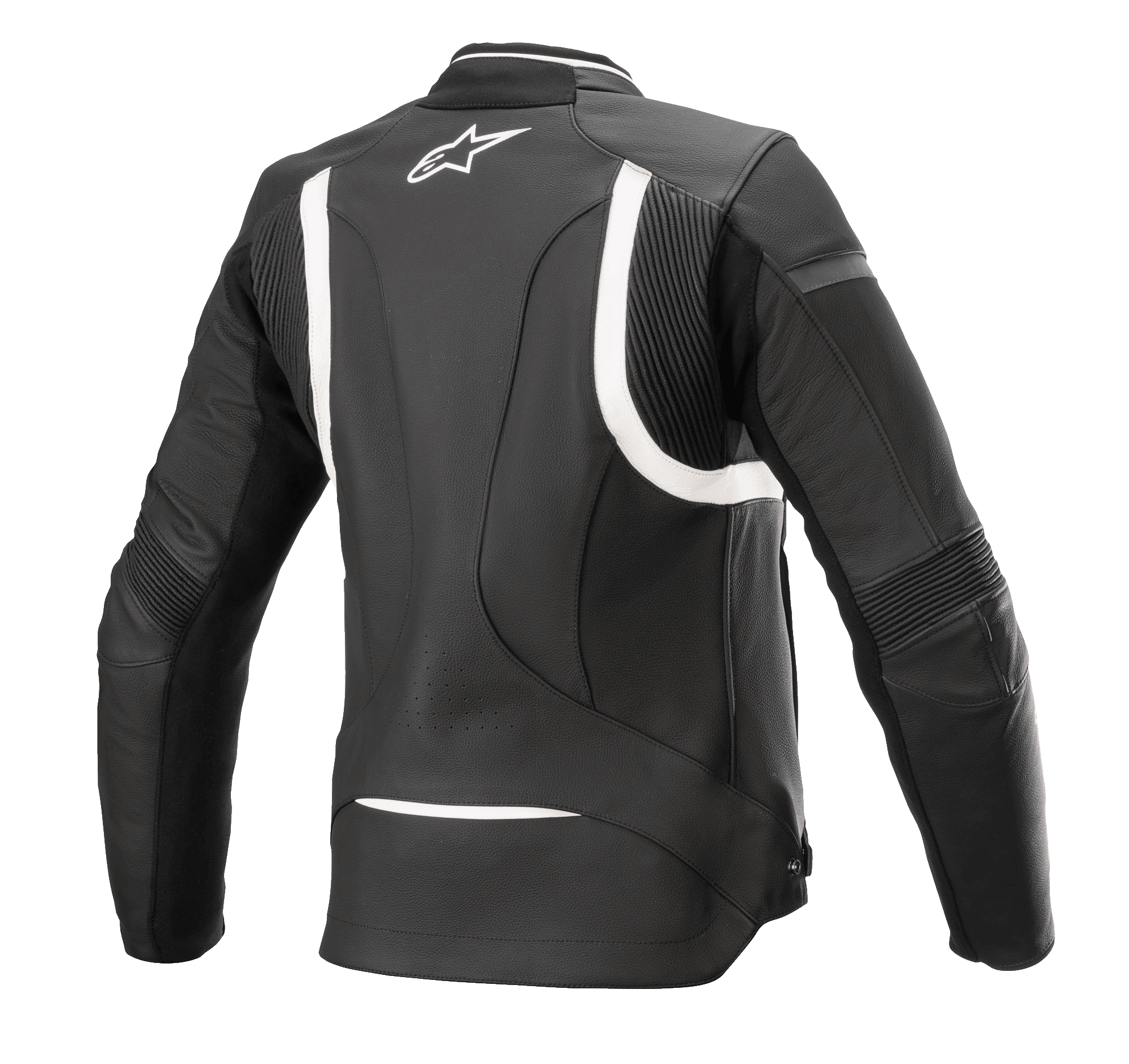 Giacca in pelle Alpinestars Stella Kira V2 da donna, nero e bianco, vista posteriore con pannelli elastici a fisarmonica sulla schiena e sui gomiti, parte posteriore allungata per una maggiore copertura durante la guida e logo Alpinestars bianco sulla parte superiore della schiena, struttura in pregiata pelle bovina