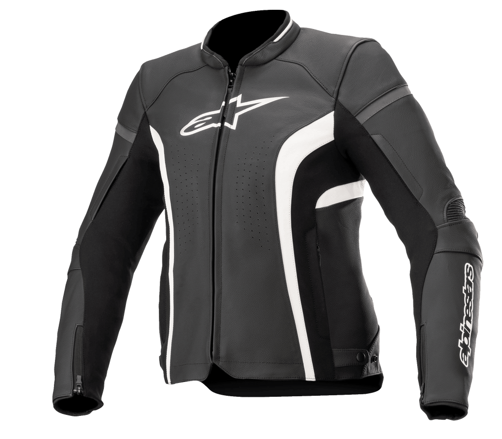 Alpinestars Stella Kira V2, giacca da moto in pelle da donna, nero e bianco, con pannelli di ventilazione traforati, loghi bianchi su petto e manica, polsini con cerniera e vestibilità performante sagomata per la guida su strada.