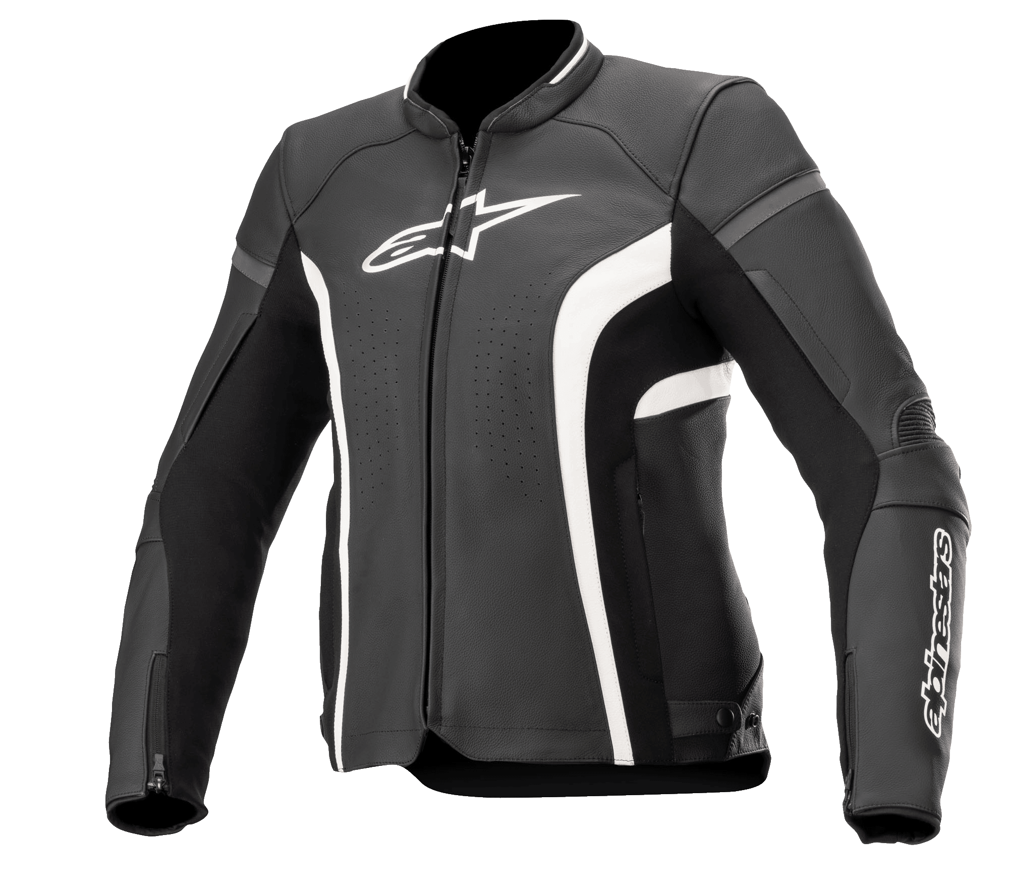 Alpinestars Stella Kira V2, giacca da moto in pelle da donna, nero e bianco, con pannelli di ventilazione traforati, loghi bianchi su petto e manica, polsini con cerniera e vestibilità performante sagomata per la guida su strada.