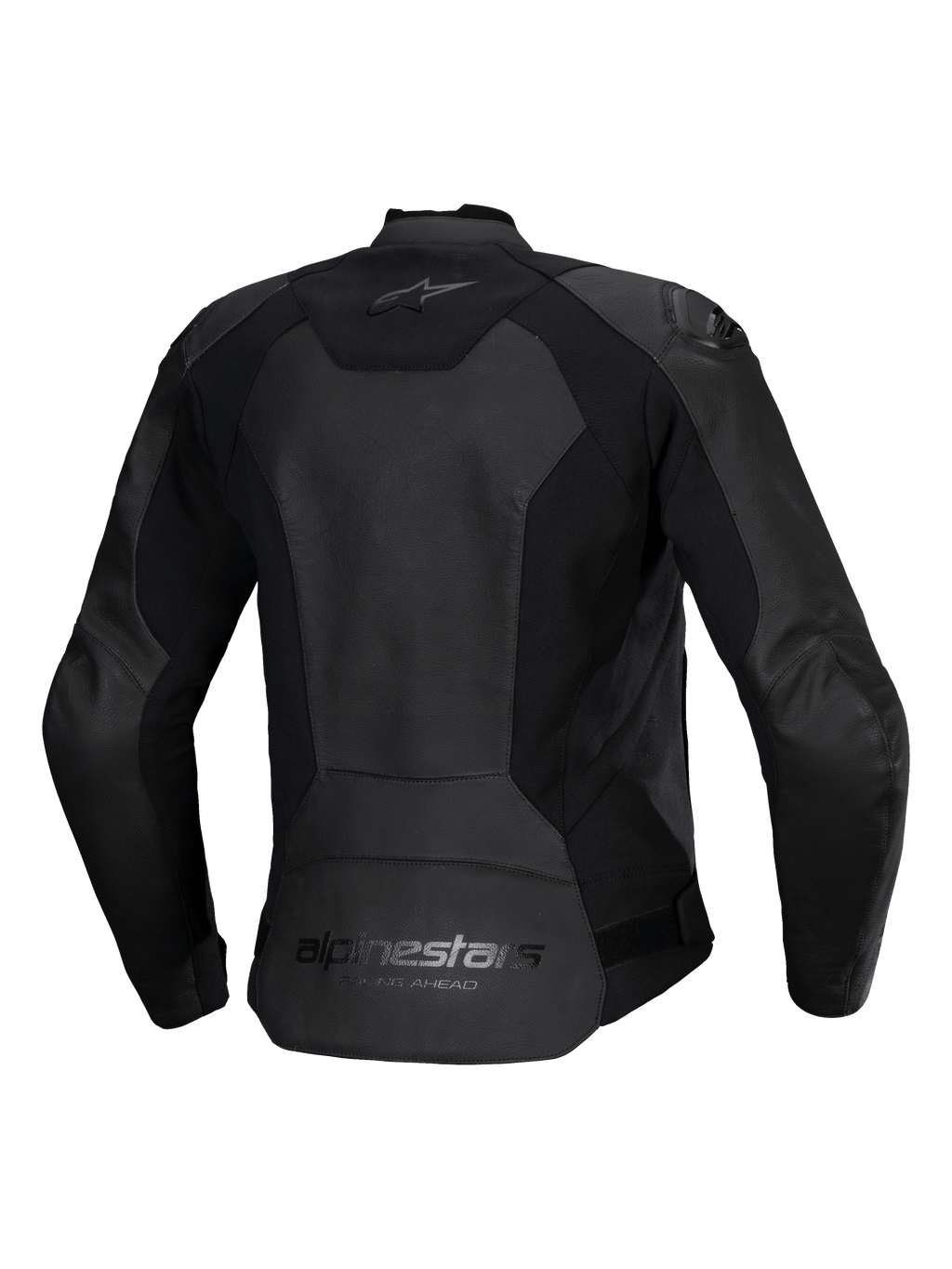 Giacca in pelle da donna Alpinestars Stella Faster V3, giacca da moto in pelle femminile, nera, vista posteriore con logo Alpinestars sulla parte superiore e inferiore della schiena, pannelli elasticizzati per la mobilità e parte posteriore allungata per una maggiore copertura.