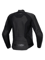 Giacca in pelle da donna Alpinestars Stella Faster V3, giacca da moto in pelle femminile, nera, vista posteriore con logo Alpinestars sulla parte superiore e inferiore della schiena, pannelli elasticizzati per la mobilità e parte posteriore allungata per una maggiore copertura.