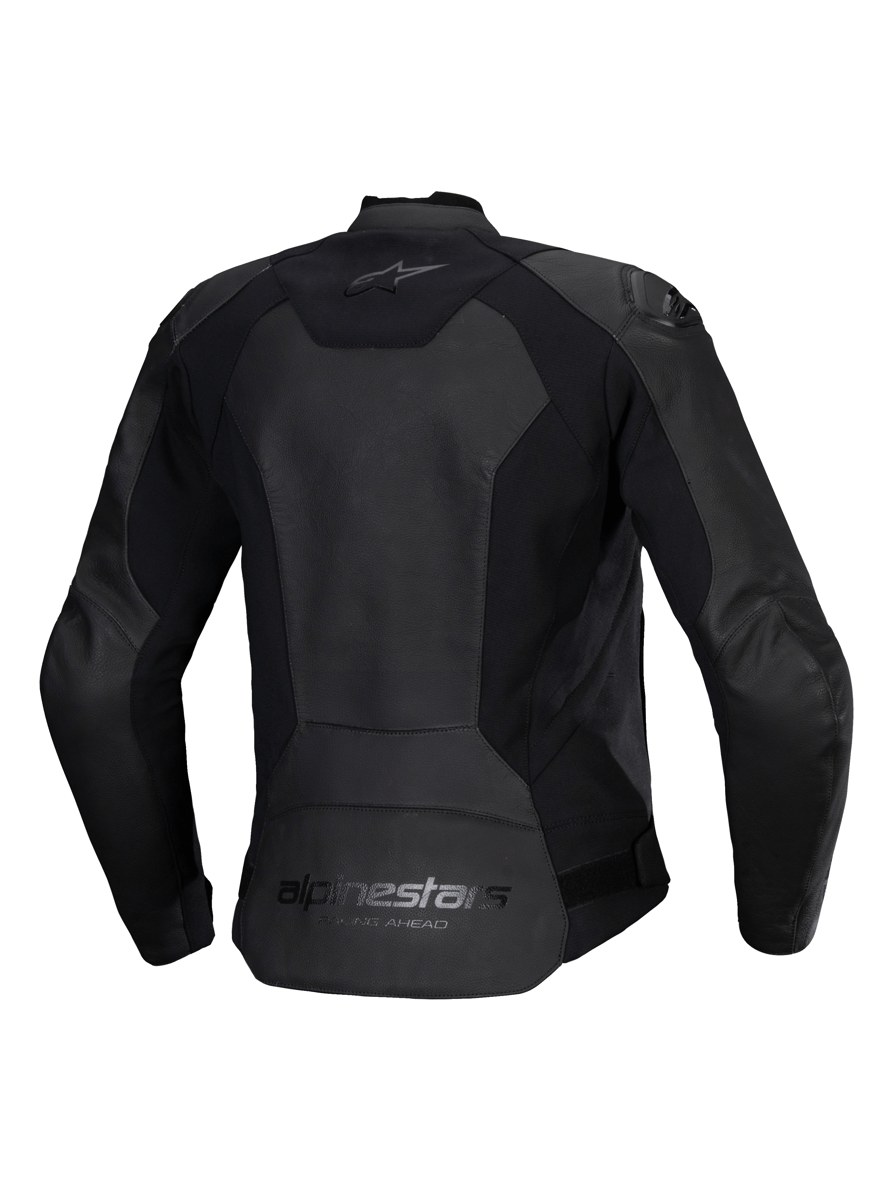 Giacca in pelle da donna Alpinestars Stella Faster V3, giacca da moto in pelle femminile, nera, vista posteriore con logo Alpinestars sulla parte superiore e inferiore della schiena, pannelli elasticizzati per la mobilità e parte posteriore allungata per una maggiore copertura.