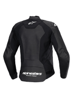 Giacca in pelle Alpinestars Stella Faster V3, giacca da moto sportiva da donna, nero e bianco, vista posteriore che mostra la costruzione multi-pannello in pelle e tessuto elasticizzato, logo Alpinestars bianco sulla parte superiore della schiena e marchio sulla parte inferiore, vestibilità atletica per una guida performante