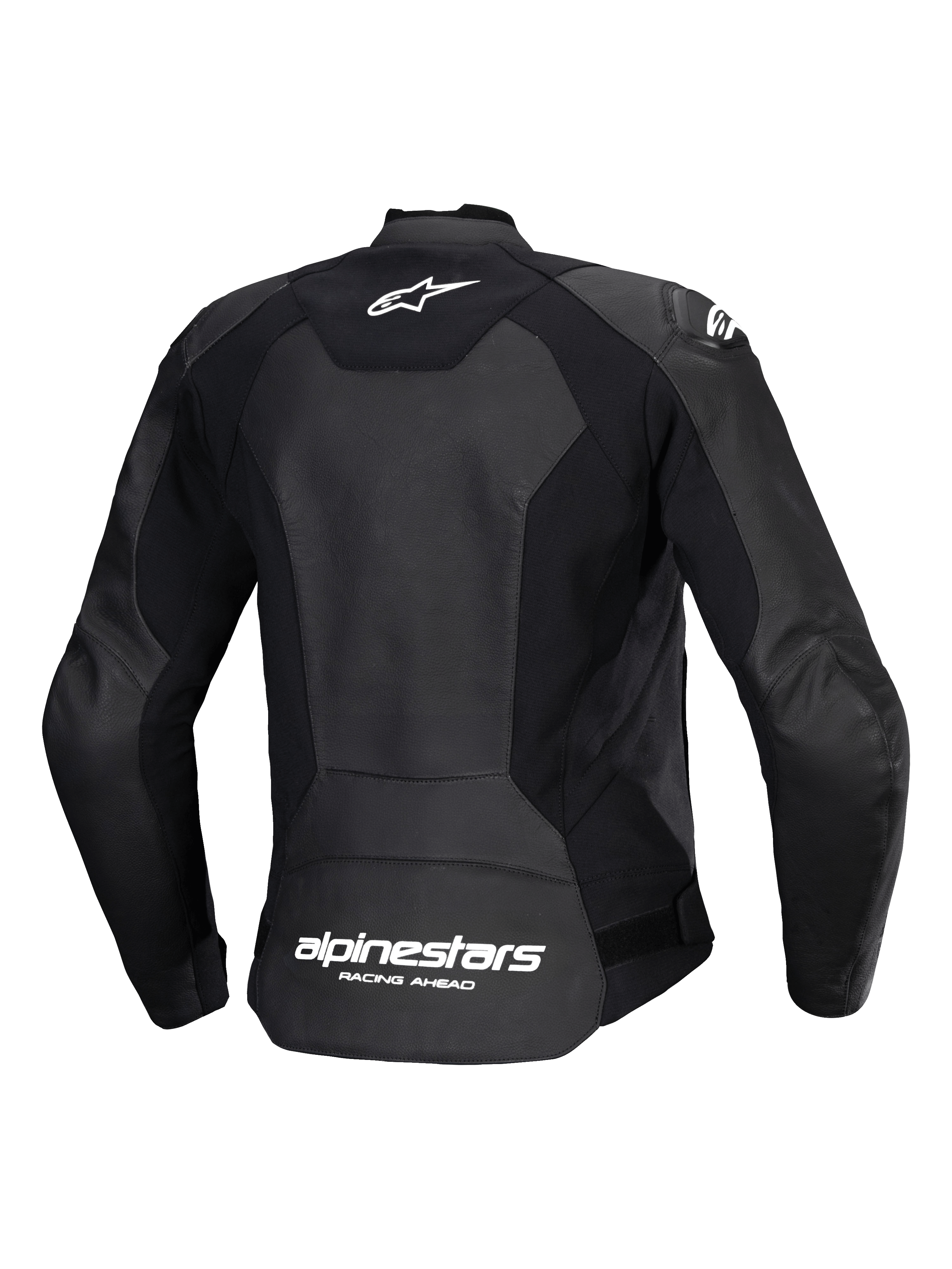 Giacca in pelle Alpinestars Stella Faster V3, giacca da moto sportiva da donna, nero e bianco, vista posteriore che mostra la costruzione multi-pannello in pelle e tessuto elasticizzato, logo Alpinestars bianco sulla parte superiore della schiena e marchio sulla parte inferiore, vestibilità atletica per una guida performante