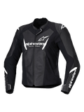 Alpinestars Stella Faster V3 Leather Jacket, giacca da moto racing da donna, nero e bianco, con loghi Alpinestars bianchi su petto e maniche, costruzione in pelle premium con spalle rinforzate, design sportivo aerodinamico