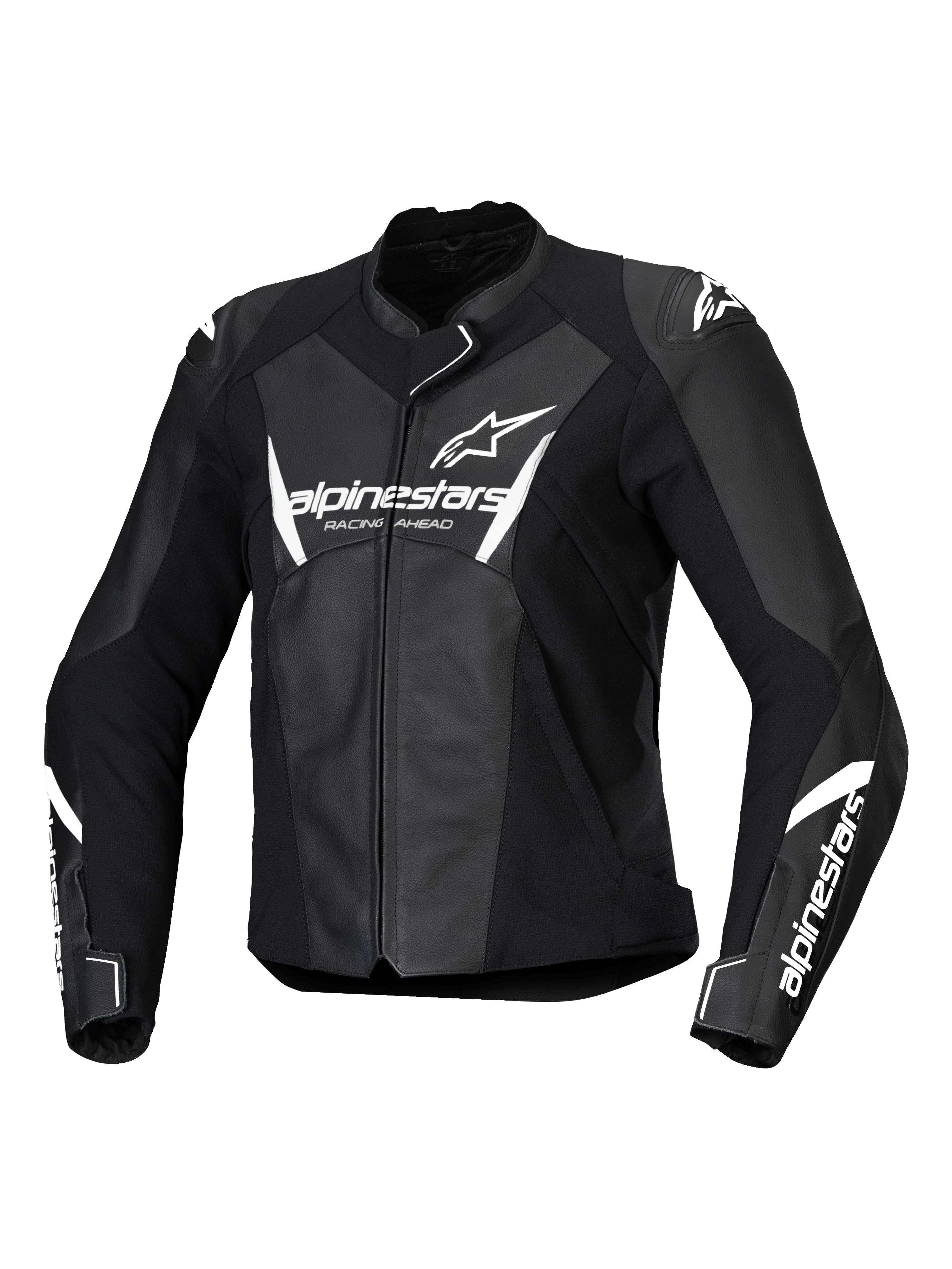 Alpinestars Stella Faster V3 Leather Jacket, giacca da moto racing da donna, nero e bianco, con loghi Alpinestars bianchi su petto e maniche, costruzione in pelle premium con spalle rinforzate, design sportivo aerodinamico