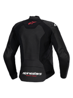 Giacca in pelle Alpinestars Stella Faster V3, giacca da moto sportiva da donna, nero, vista posteriore con logo a stella rosso sulla parte superiore e marchio Alpinestars bianco con scritta "Racing Ahead" corallo fluo sulla parte inferiore, vestibilità femminile con pelle premium e pannelli elasticizzati