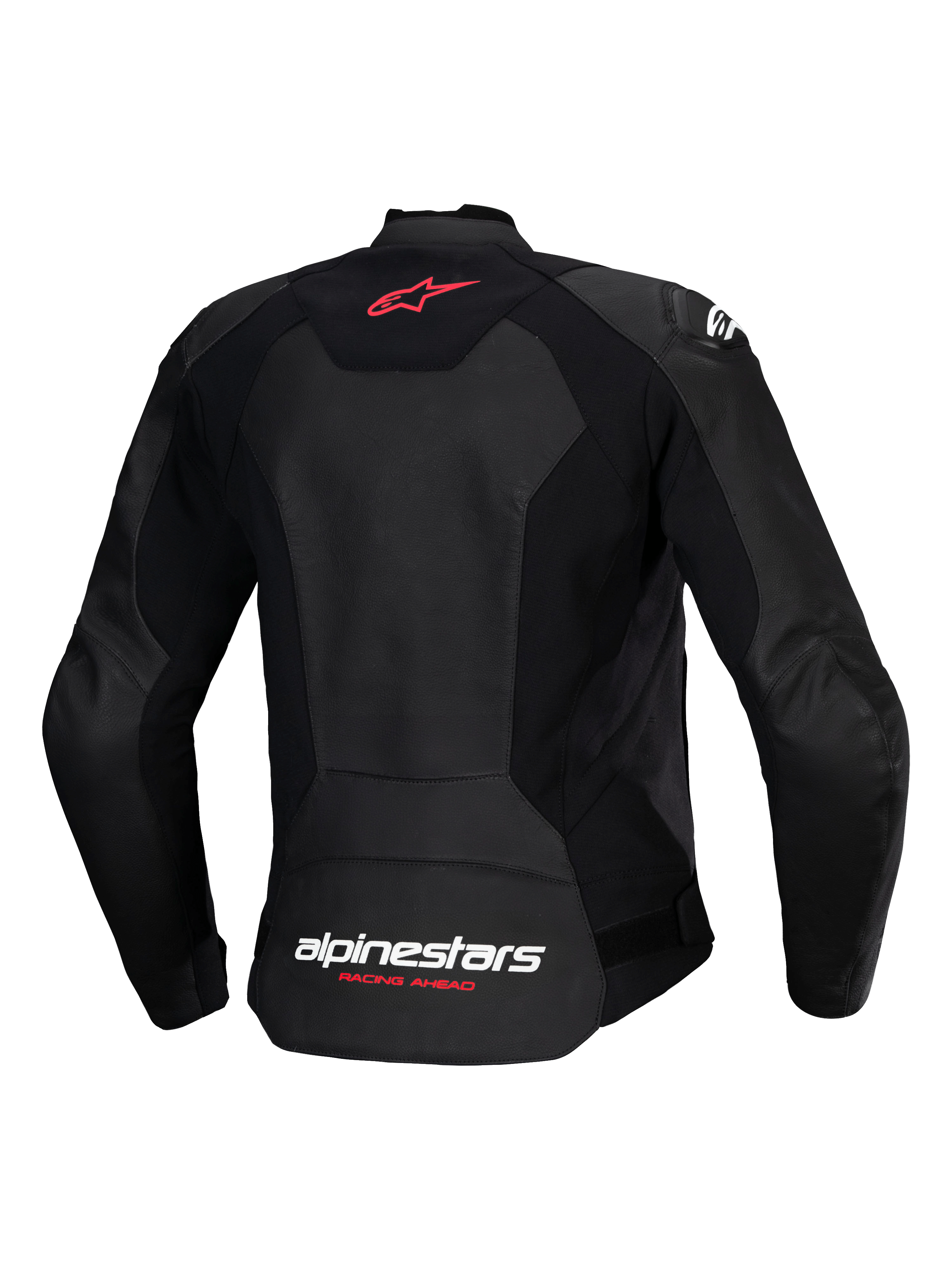 Giacca in pelle Alpinestars Stella Faster V3, giacca da moto sportiva da donna, nero, vista posteriore con logo a stella rosso sulla parte superiore e marchio Alpinestars bianco con scritta "Racing Ahead" corallo fluo sulla parte inferiore, vestibilità femminile con pelle premium e pannelli elasticizzati
