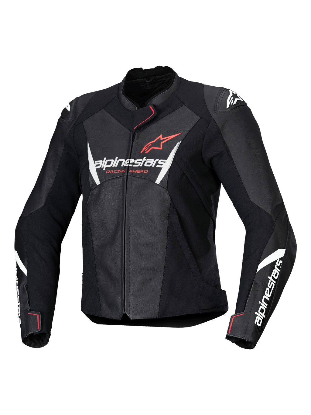 Giacca in pelle Alpinestars Stella Faster V3, giacca da moto sportiva da donna, nero con dettagli bianco e corallo fluo, costruzione in pelle premium, con logo Alpinestars su petto e maniche, vestibilità sportiva con protezioni spalle integrate e chiusura frontale con zip
