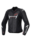 Giacca in pelle Alpinestars Stella Faster V3, giacca da moto sportiva da donna, nero con dettagli bianco e corallo fluo, costruzione in pelle premium, con logo Alpinestars su petto e maniche, vestibilità sportiva con protezioni spalle integrate e chiusura frontale con zip