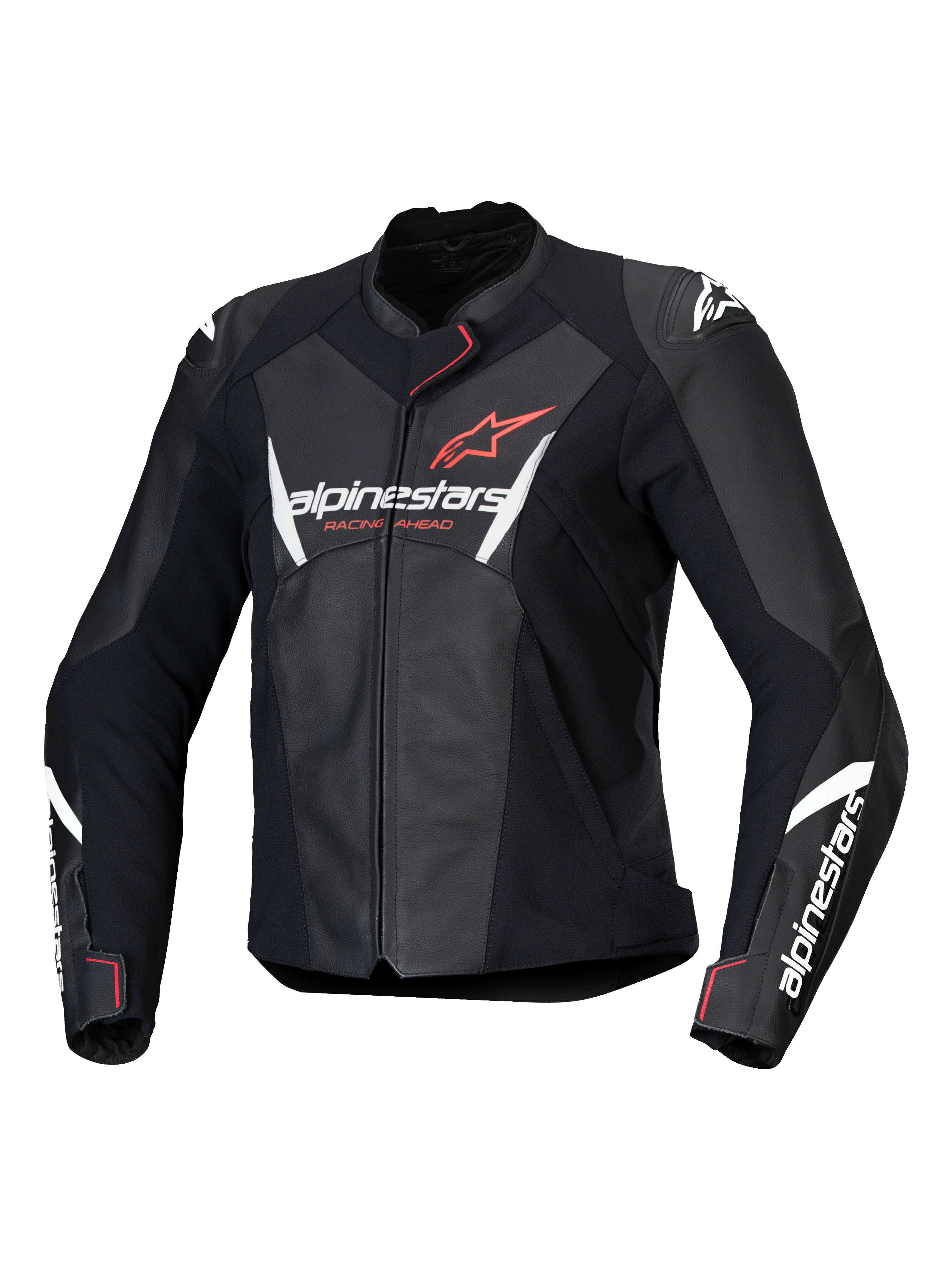 Giacca in pelle Alpinestars Stella Faster V3, giacca da moto sportiva da donna, nero con dettagli bianco e corallo fluo, costruzione in pelle premium, con logo Alpinestars su petto e maniche, vestibilità sportiva con protezioni spalle integrate e chiusura frontale con zip