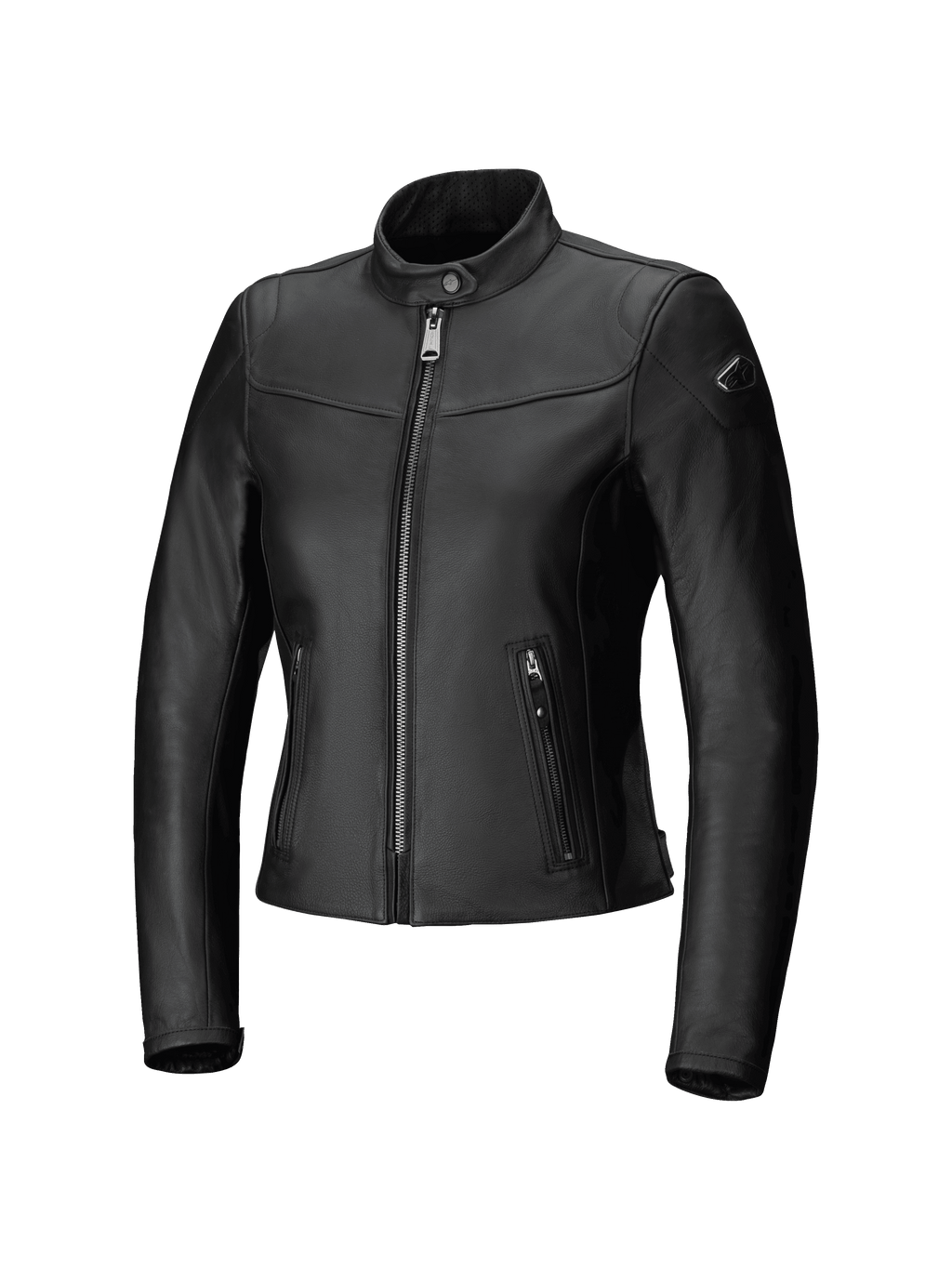 Alpinestars Tory, giacca in pelle da donna, giacca da moto urban, nero, vestibilità sartoriale con cerniera frontale metallica color canna di fucile, tasche laterali verticali con zip e colletto in pelle traforata, elegante finitura in pelle bovina