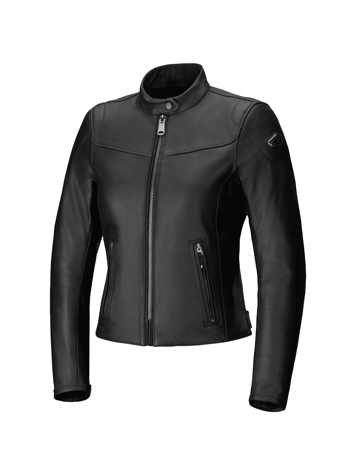 Alpinestars Tory, giacca in pelle da donna, giacca da moto urban, nero, vestibilità sartoriale con cerniera frontale metallica color canna di fucile, tasche laterali verticali con zip e colletto in pelle traforata, elegante finitura in pelle bovina