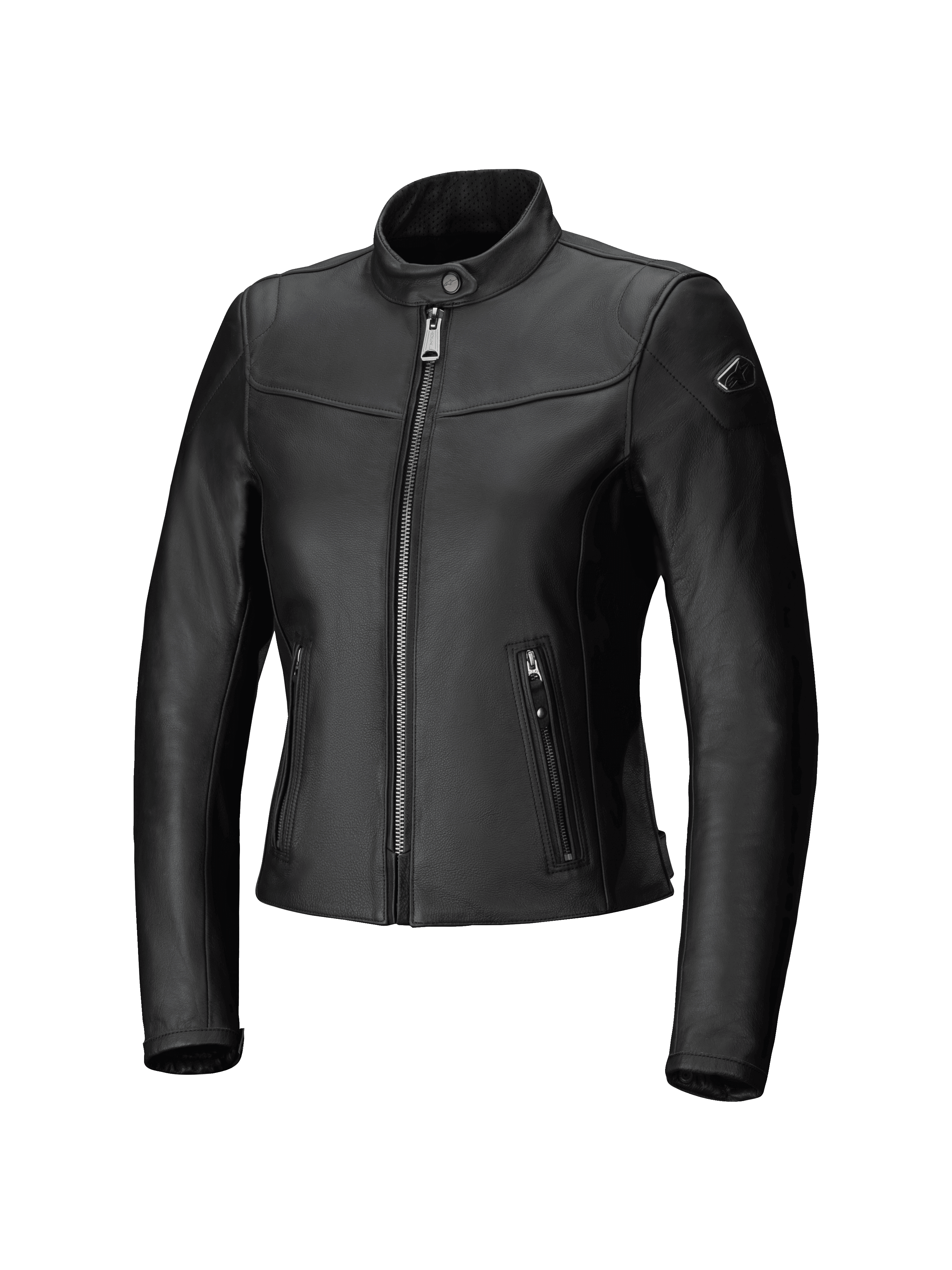 Alpinestars Tory, giacca in pelle da donna, giacca da moto urban, nero, vestibilità sartoriale con cerniera frontale metallica color canna di fucile, tasche laterali verticali con zip e colletto in pelle traforata, elegante finitura in pelle bovina