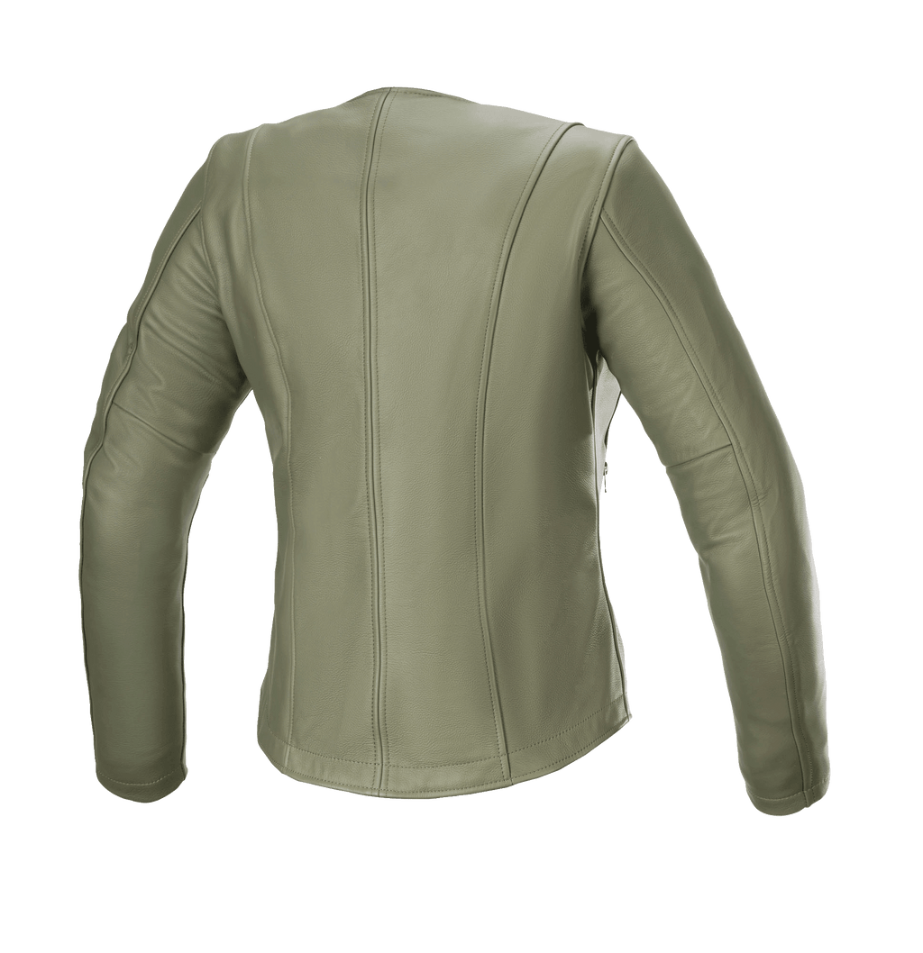 Alpinestars Giacca in Pelle Alice da Donna, Verde Militare, vista posteriore, giacca da moto in pelle premium con eleganti cuciture verticali sagomate e maniche pre-curvate per una vestibilità urbana femminile.