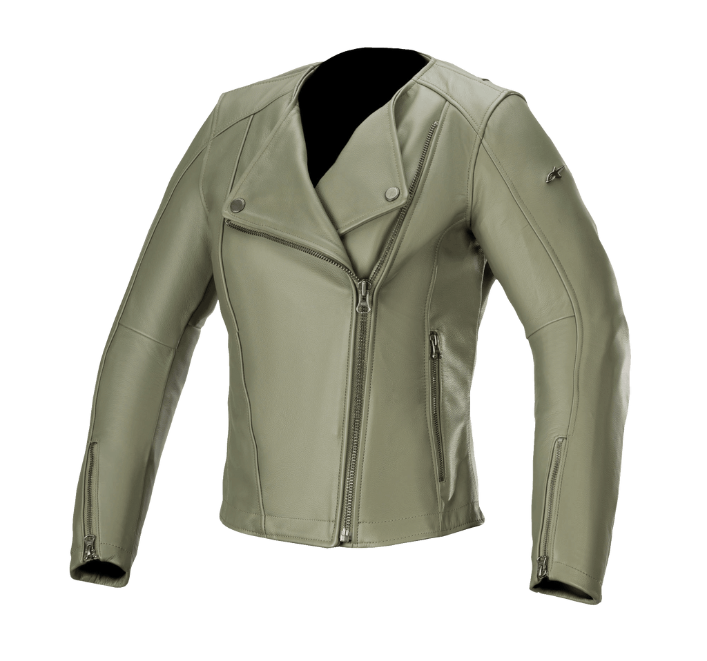Giacca in pelle da donna Alpinestars Alice, verde militare, giacca da moto in pelle con cerniera frontale asimmetrica, colletto con bottoni a pressione, polsini con zip, struttura in pregiata pelle bovina, vestibilità femminile sagomata per la guida urbana