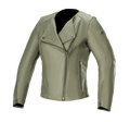 Giacca in pelle da donna Alpinestars Alice, verde militare, giacca da moto in pelle con cerniera frontale asimmetrica, colletto con bottoni a pressione, polsini con zip, struttura in pregiata pelle bovina, vestibilità femminile sagomata per la guida urbana