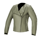 Giacca in pelle da donna Alpinestars Alice, verde militare, giacca da moto in pelle con cerniera frontale asimmetrica, colletto con bottoni a pressione, polsini con zip, struttura in pregiata pelle bovina, vestibilità femminile sagomata per la guida urbana