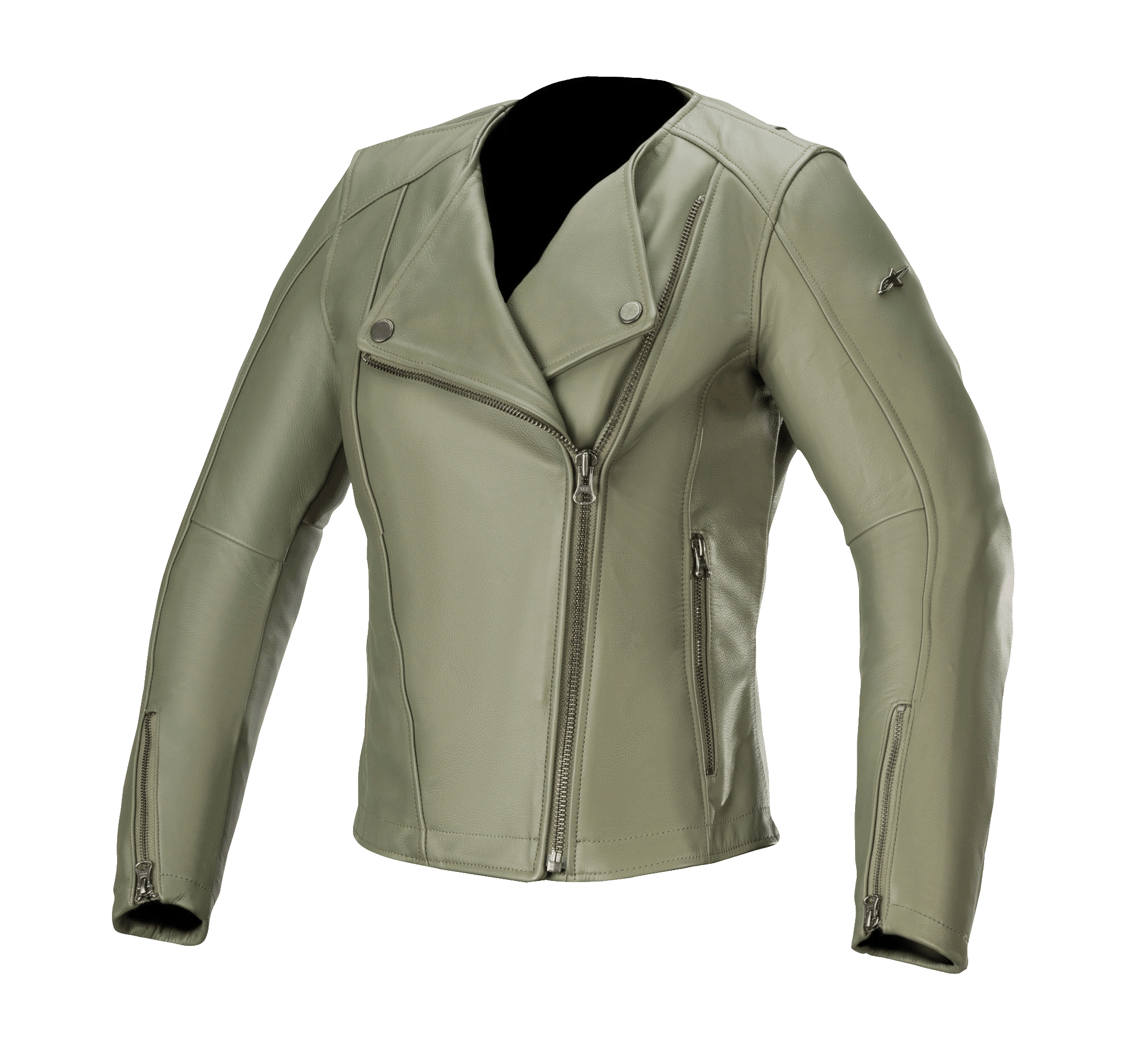 Giacca in pelle da donna Alpinestars Alice, verde militare, giacca da moto in pelle con cerniera frontale asimmetrica, colletto con bottoni a pressione, polsini con zip, struttura in pregiata pelle bovina, vestibilità femminile sagomata per la guida urbana