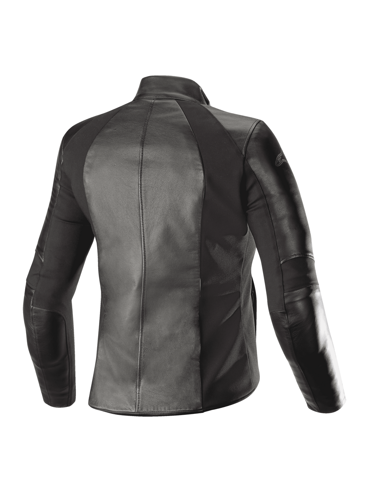 Giacca in pelle Alpinestars Stella Vika V2 da donna, nero, vista posteriore, con costruzione in pelle pieno fiore e pannelli elasticizzati in aramide per una vestibilità femminile sagomata, abbigliamento da moto urbano.