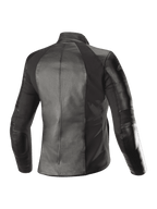 Giacca in pelle Alpinestars Stella Vika V2 da donna, nero, vista posteriore, con costruzione in pelle pieno fiore e pannelli elasticizzati in aramide per una vestibilità femminile sagomata, abbigliamento da moto urbano.