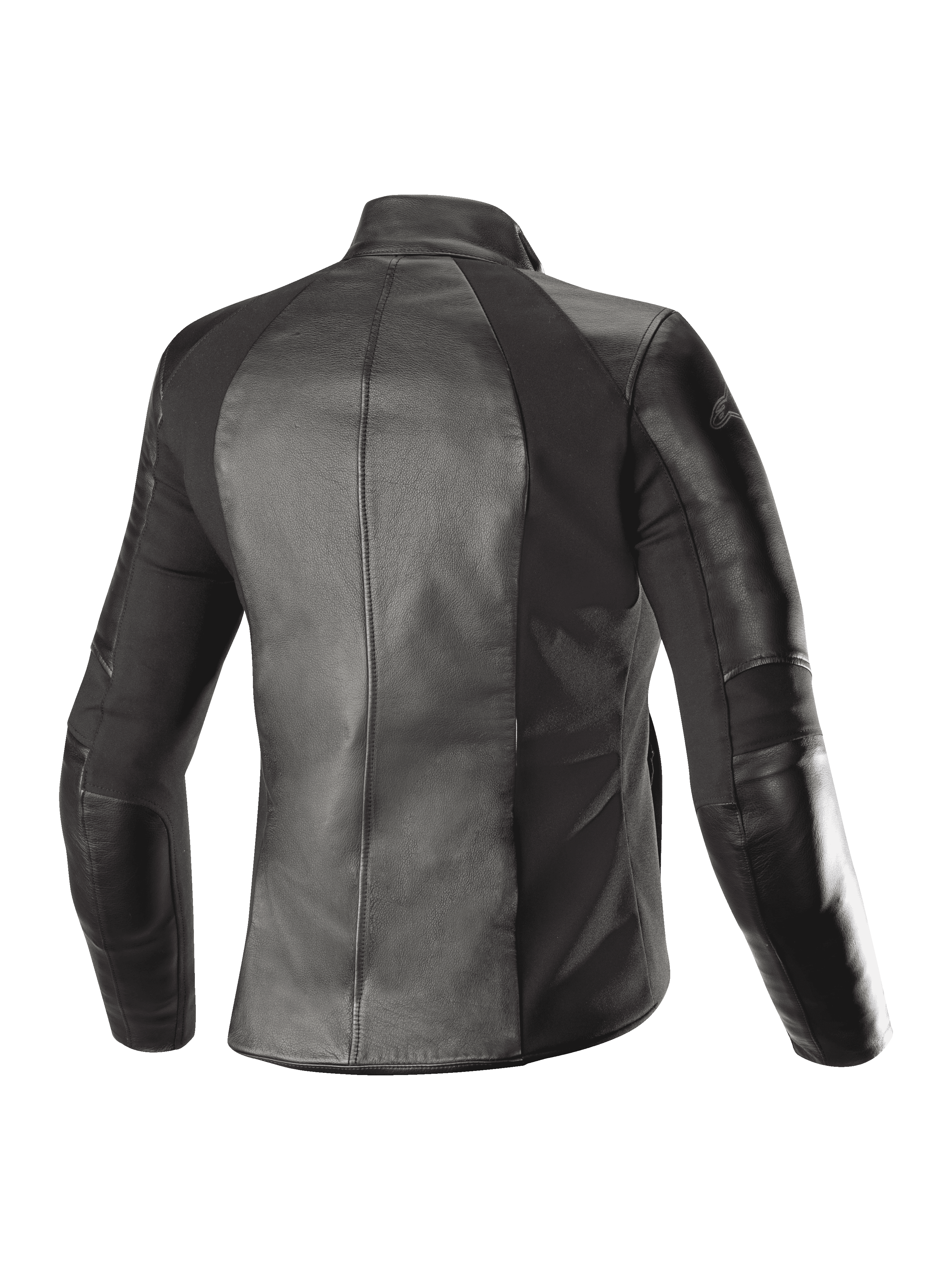 Giacca in pelle Alpinestars Stella Vika V2 da donna, nero, vista posteriore, con costruzione in pelle pieno fiore e pannelli elasticizzati in aramide per una vestibilità femminile sagomata, abbigliamento da moto urbano.