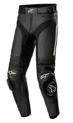 Alpinestars Missile V3 Leather Pants, pantaloni da moto racing in pelle nera con loghi a stella bianchi, sliders per ginocchia rinforzati, pannelli elasticizzati a fisarmonica sopra le ginocchia e prese d'aria, costruzione in pregiata pelle bovina da 1,3 mm per prestazioni su pista e strada.