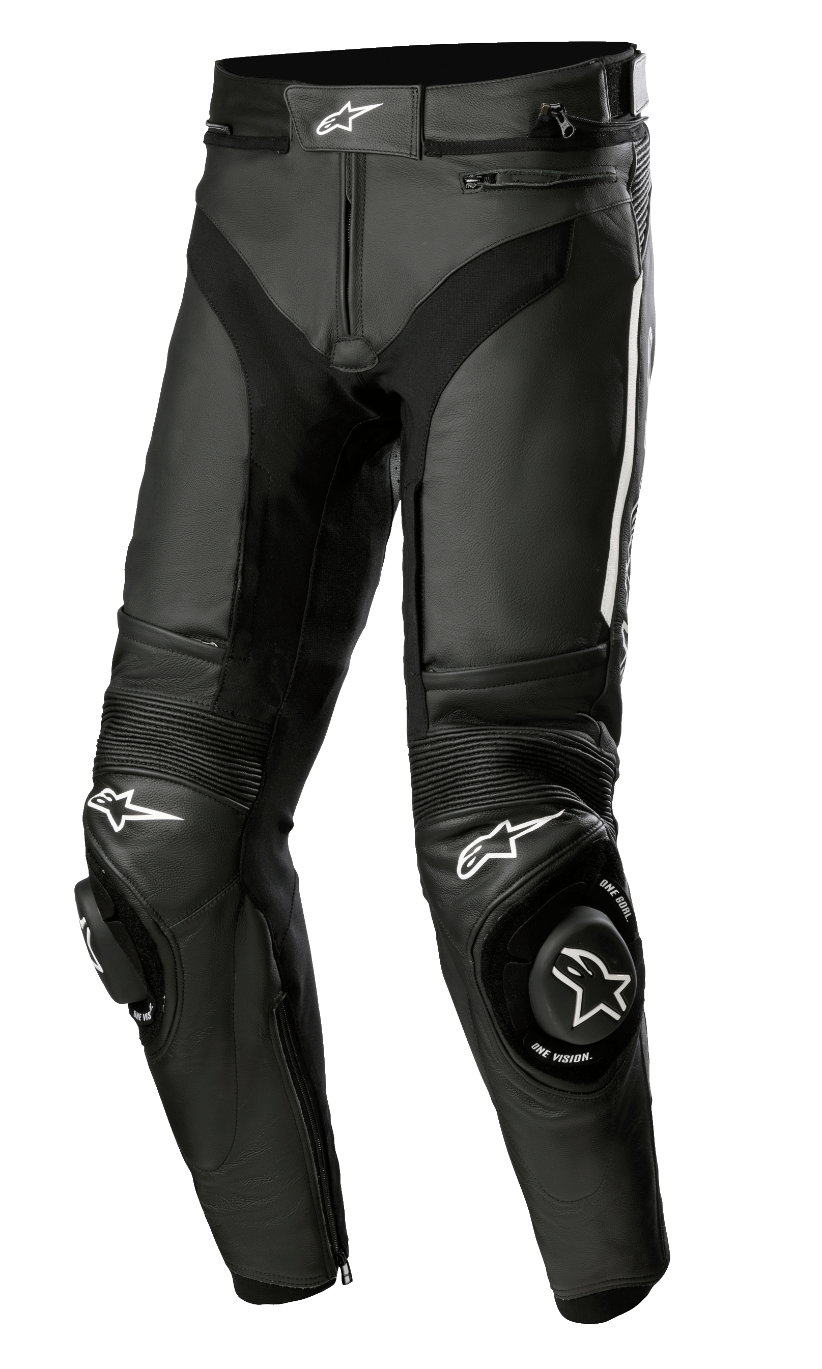 Alpinestars Missile V3 Leather Pants, pantaloni da moto racing in pelle nera con loghi a stella bianchi, sliders per ginocchia rinforzati, pannelli elasticizzati a fisarmonica sopra le ginocchia e prese d'aria, costruzione in pregiata pelle bovina da 1,3 mm per prestazioni su pista e strada.