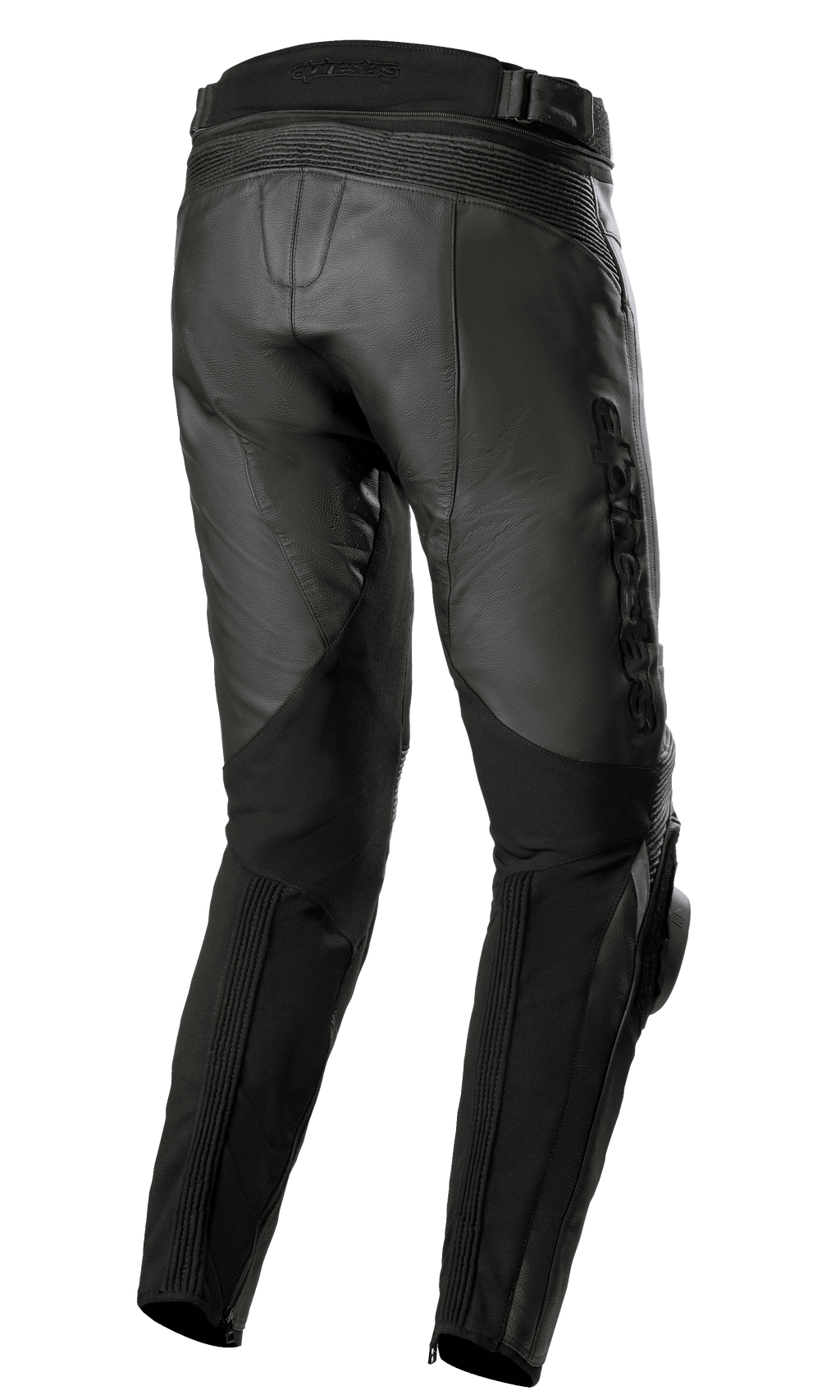 Alpinestars Missile V3 Leather Pants, nero, vista posteriore, con zone elasticizzate in pelle a fisarmonica in vita e dietro le ginocchia, marchio Alpinestars a rilievo e costruzione in pelle resistente per gare su strada