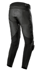 Alpinestars Missile V3 Leather Pants, nero, vista posteriore, con zone elasticizzate in pelle a fisarmonica in vita e dietro le ginocchia, marchio Alpinestars a rilievo e costruzione in pelle resistente per gare su strada