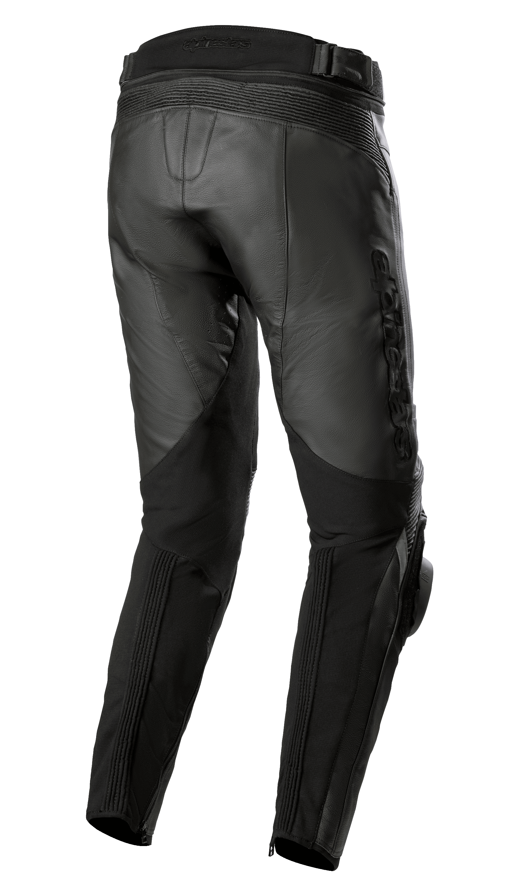 Alpinestars Missile V3 Leather Pants, nero, vista posteriore, con zone elasticizzate in pelle a fisarmonica in vita e dietro le ginocchia, marchio Alpinestars a rilievo e costruzione in pelle resistente per gare su strada