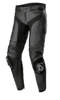 Alpinestars Missile V3 Leather Pants - Short, pantaloni da corsa per moto neri, costruzione in pelle premium con pannelli elasticizzati a fisarmonica, ginocchia rinforzate con slider e logo bianco, vita e caviglie con zip, design ergonomico per la guida sportiva