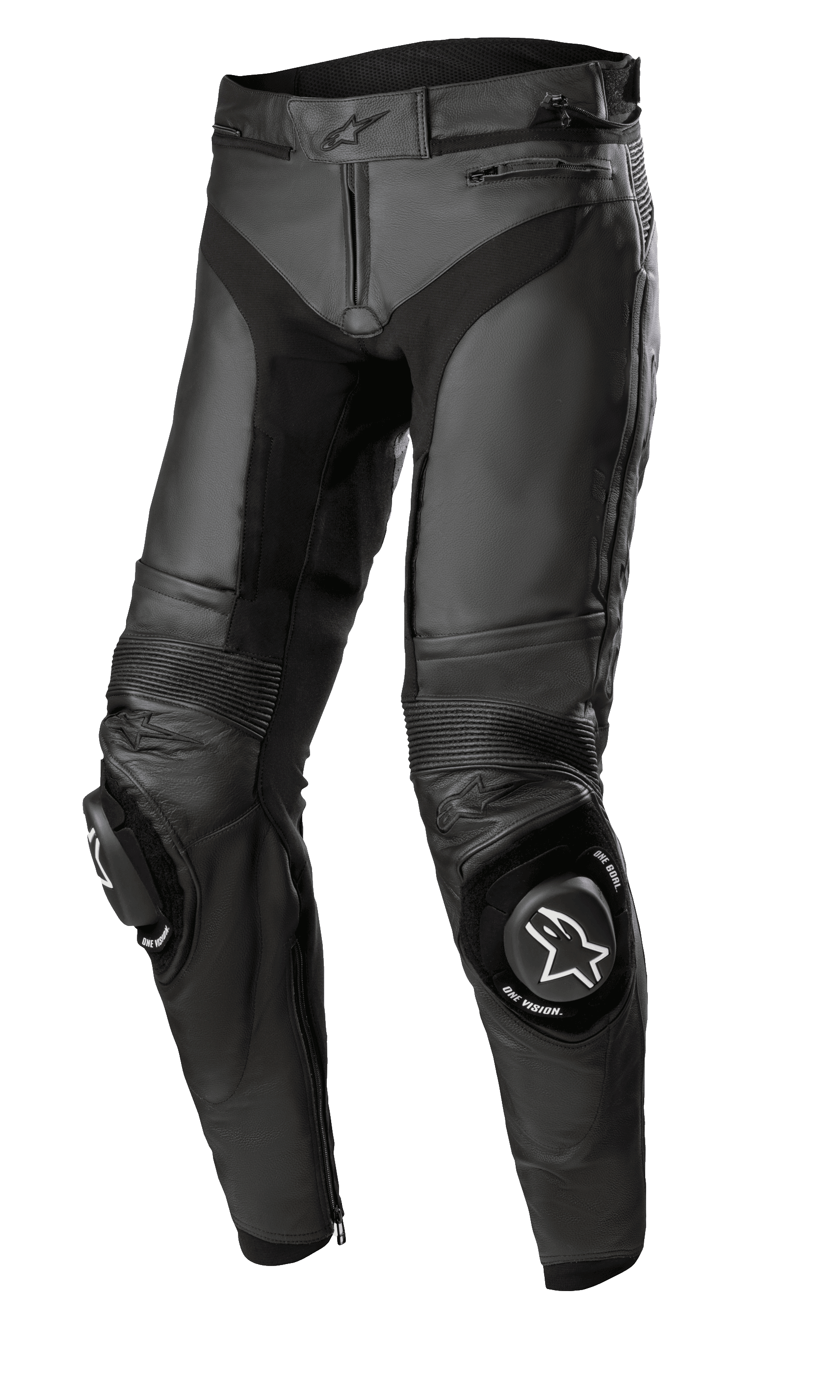 Alpinestars Missile V3 Leather Pants - Short, pantaloni da corsa per moto neri, costruzione in pelle premium con pannelli elasticizzati a fisarmonica, ginocchia rinforzate con slider e logo bianco, vita e caviglie con zip, design ergonomico per la guida sportiva