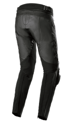 Alpinestars Missile V3 Leather Pants - Long, vista posteriore e laterale, nero, costruzione in pregiata pelle bovina con pannelli a soffietto sopra il ginocchio, vita posteriore alta e logo Alpinestars in rilievo sulla coscia, abbigliamento tecnico da moto per sport e racing