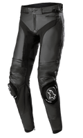 Alpinestars Missile V3 Leather Pants - Long, pantaloni da moto racing neri, con pannelli elastici a soffietto in pelle sulle ginocchia, slider per ginocchia sostituibili con loghi bianchi, costruzione in pelle premium e vestibilità ergonomica pre-curvata per prestazioni in pista.