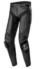 Alpinestars Missile V3 Leather Pants - Long, pantaloni da moto racing neri, con pannelli elastici a soffietto in pelle sulle ginocchia, slider per ginocchia sostituibili con loghi bianchi, costruzione in pelle premium e vestibilità ergonomica pre-curvata per prestazioni in pista.