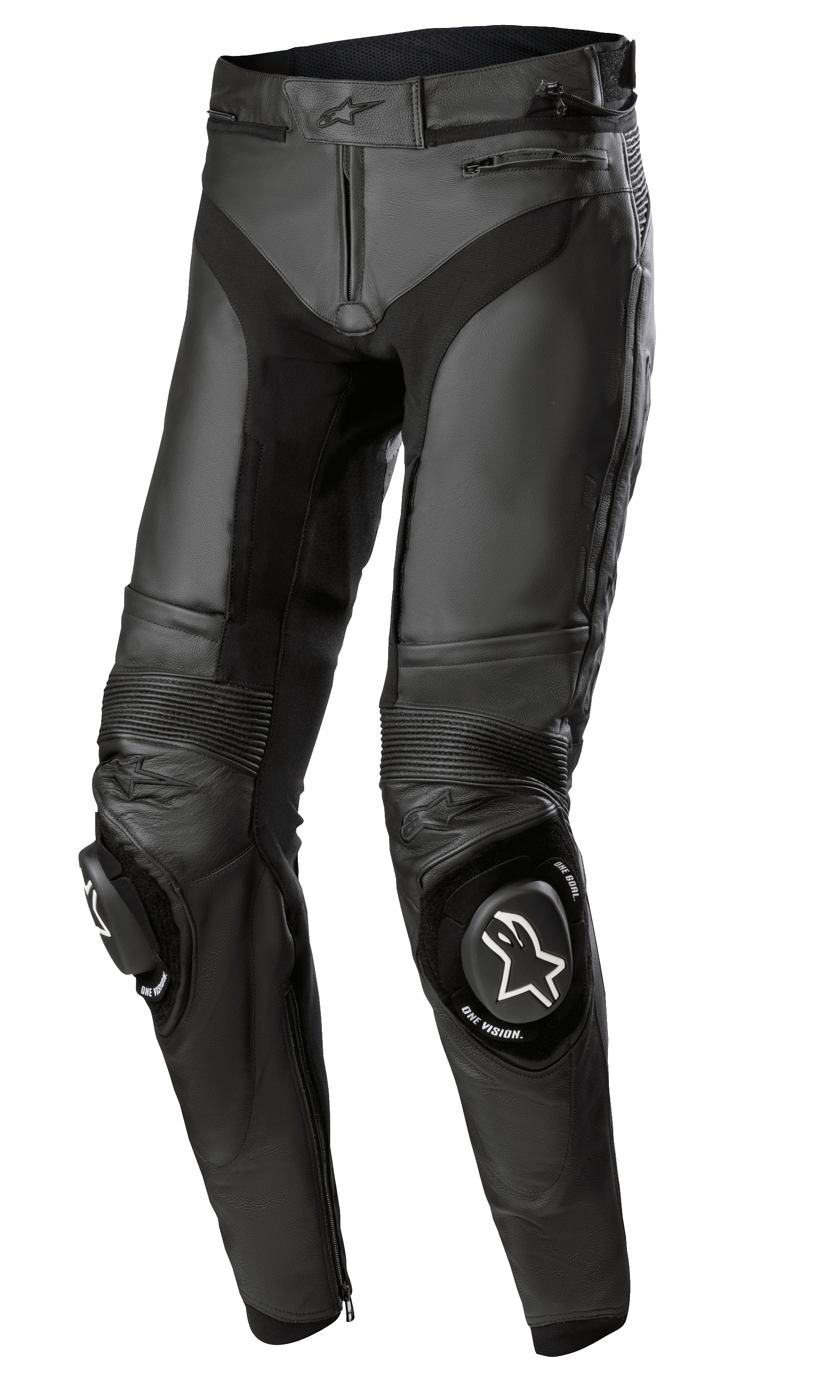 Alpinestars Missile V3 Leather Pants - Long, pantaloni da moto racing neri, con pannelli elastici a soffietto in pelle sulle ginocchia, slider per ginocchia sostituibili con loghi bianchi, costruzione in pelle premium e vestibilità ergonomica pre-curvata per prestazioni in pista.