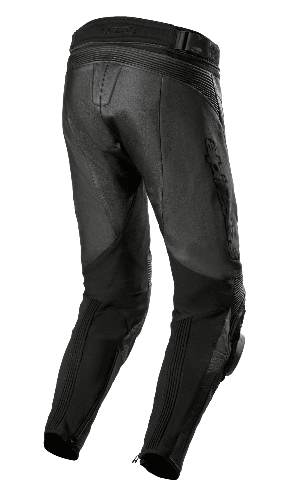 Alpinestars Missile V3 Airflow, pantaloni in pelle, nero, vista posteriore con struttura in pelle premium, zone elasticizzate a soffietto sopra il ginocchio, vita alta e pannelli elastici sui polpacci con zip alle caviglie.