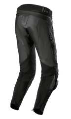 Alpinestars Missile V3 Airflow, pantaloni in pelle, nero, vista posteriore con struttura in pelle premium, zone elasticizzate a soffietto sopra il ginocchio, vita alta e pannelli elastici sui polpacci con zip alle caviglie.