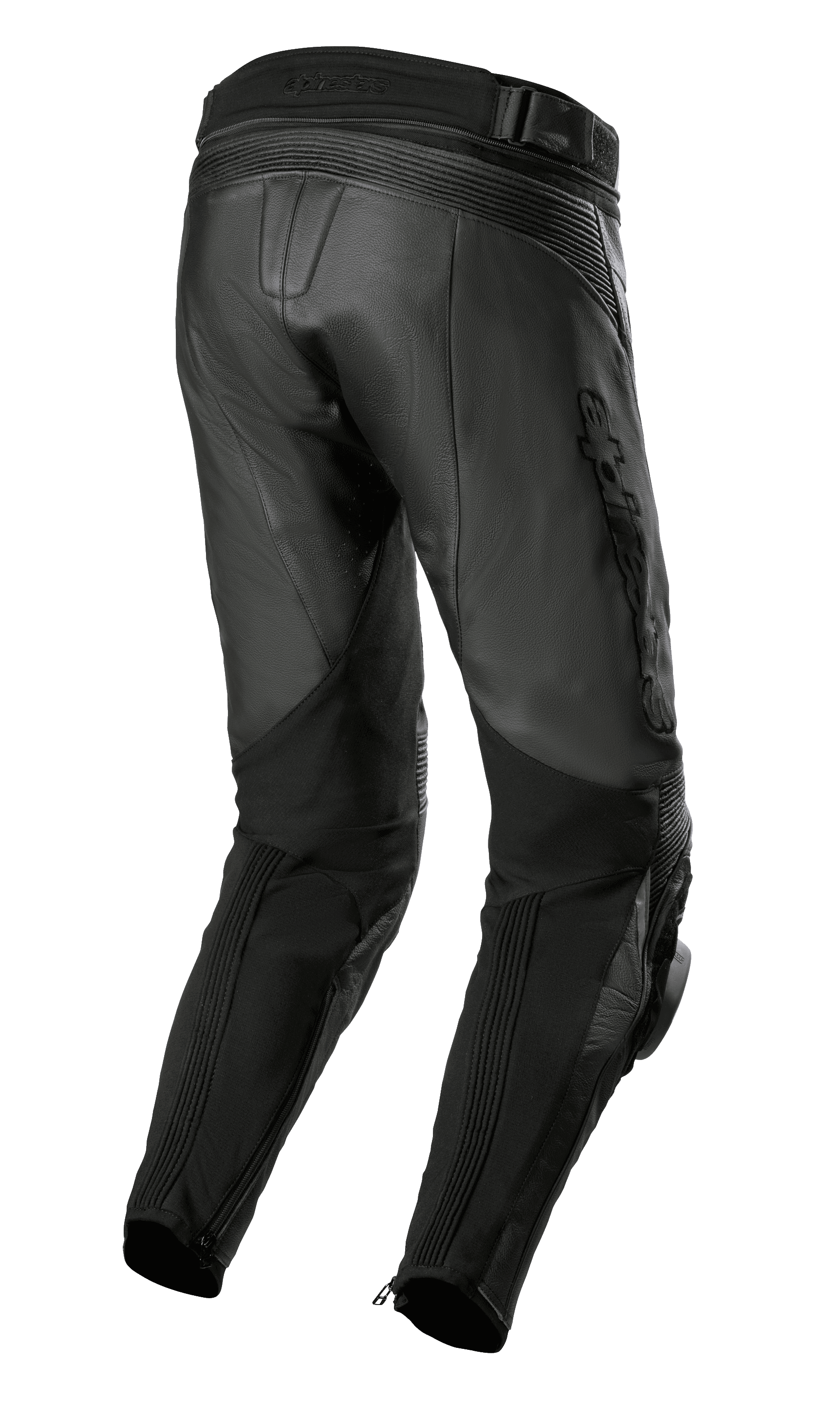 Alpinestars Missile V3 Airflow, pantaloni in pelle, nero, vista posteriore con struttura in pelle premium, zone elasticizzate a soffietto sopra il ginocchio, vita alta e pannelli elastici sui polpacci con zip alle caviglie.