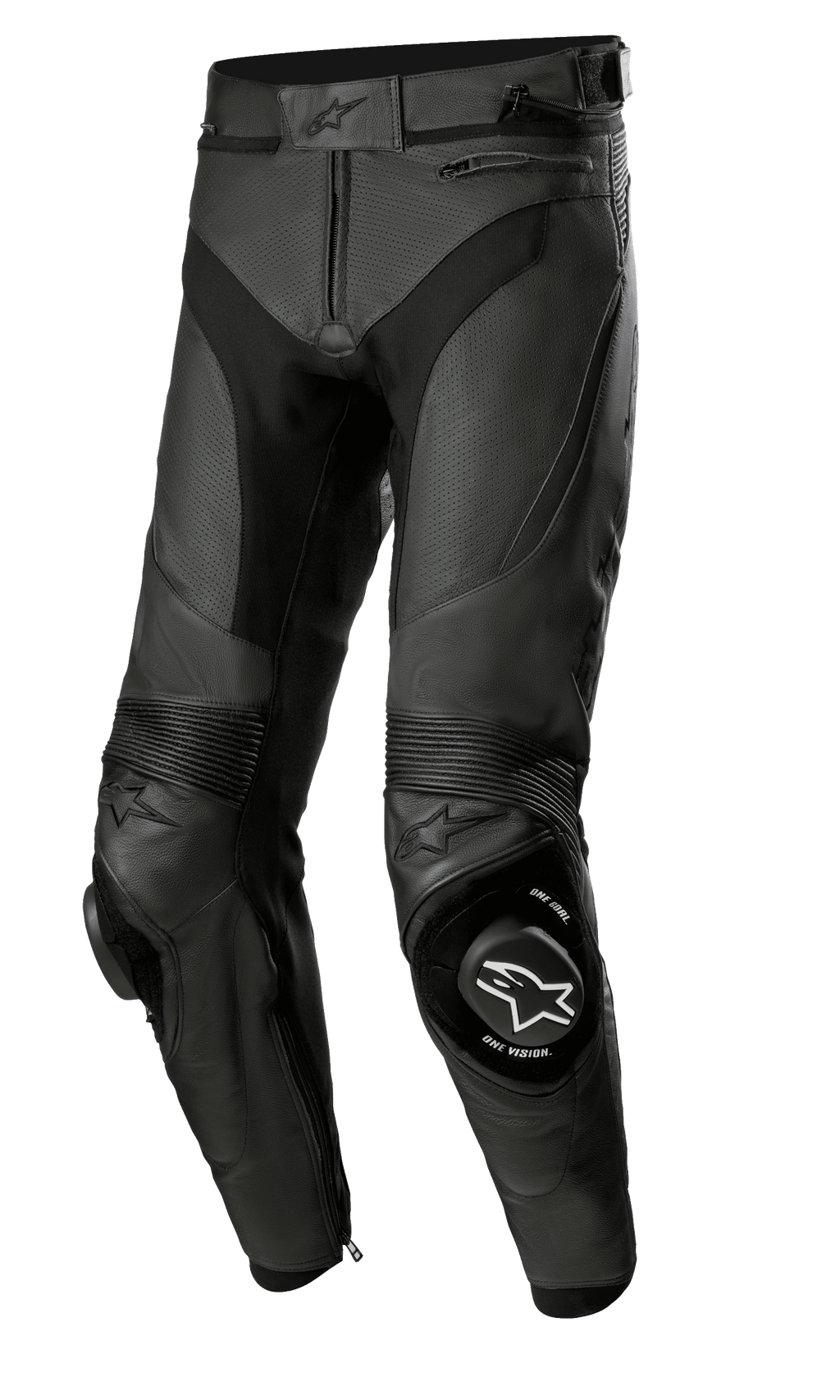 Alpinestars Missile V3 Airflow Leather Pants, pantaloni da moto racing in pelle nera, pelle premium traforata per la massima ventilazione, slider rinforzati sulle ginocchia con logo "ONE GOAL ONE VISION", pannelli elasticizzati a soffietto per flessibilità, tasche con zip e regolazione in vita, design sportivo per prestazioni in pista