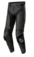 Alpinestars Missile V3 Airflow Leather Pants, pantaloni da moto racing in pelle nera, pelle premium traforata per la massima ventilazione, slider rinforzati sulle ginocchia con logo "ONE GOAL ONE VISION", pannelli elasticizzati a soffietto per flessibilità, tasche con zip e regolazione in vita, design sportivo per prestazioni in pista