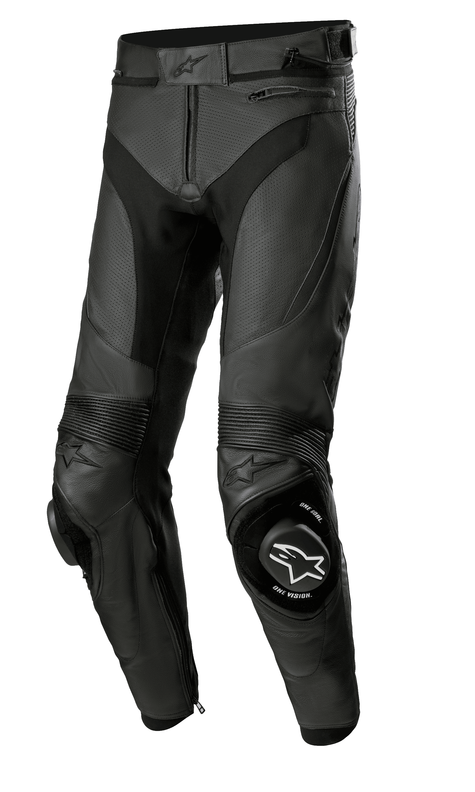 Alpinestars Missile V3 Airflow Leather Pants, pantaloni da moto racing in pelle nera, pelle premium traforata per la massima ventilazione, slider rinforzati sulle ginocchia con logo "ONE GOAL ONE VISION", pannelli elasticizzati a soffietto per flessibilità, tasche con zip e regolazione in vita, design sportivo per prestazioni in pista