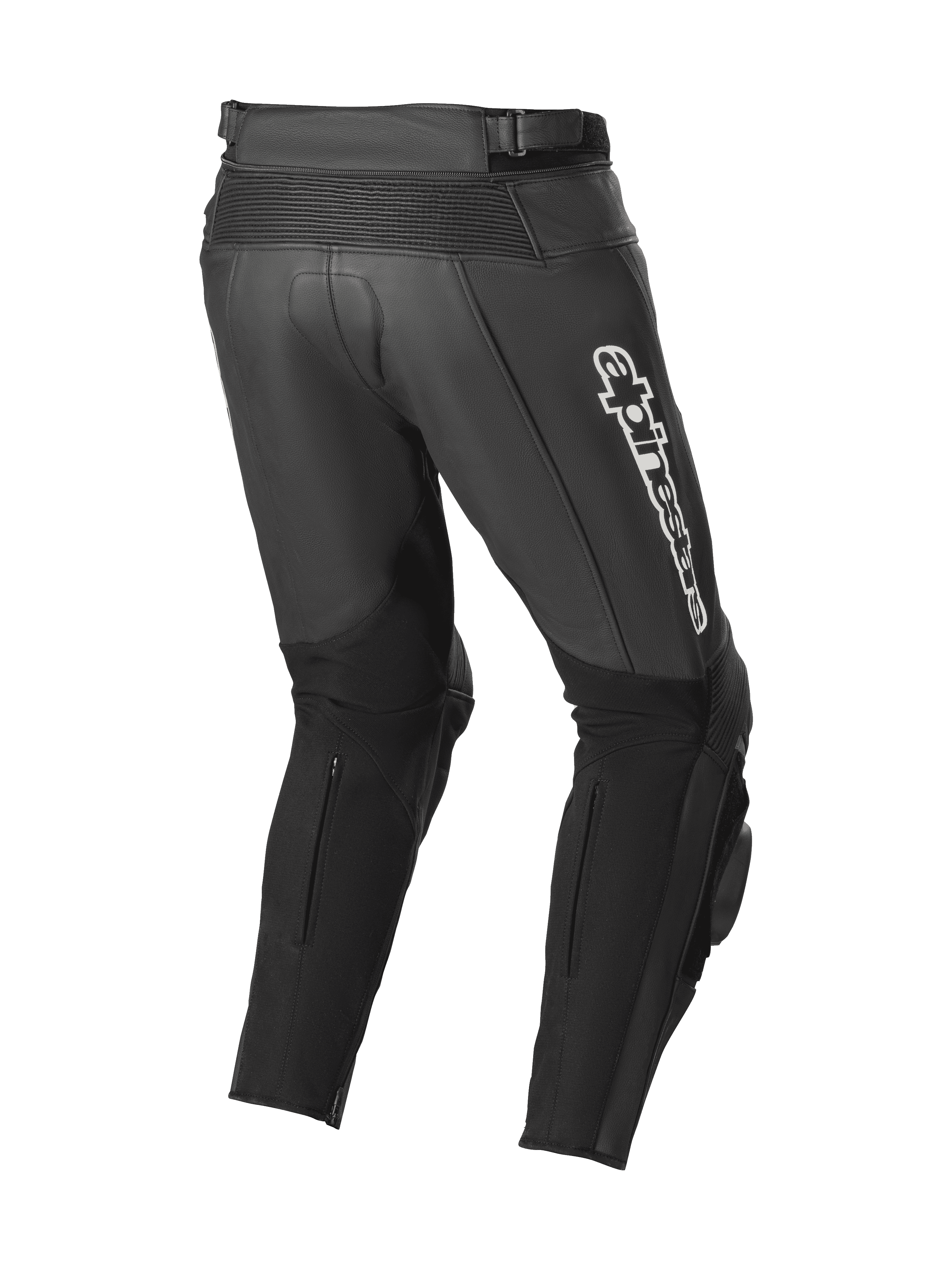 Pantaloni in pelle Alpinestars Track V2, nero, vista posteriore con zone elasticizzate in pelle a soffietto, marchio Alpinestars bianco sulla coscia, ampi pannelli elasticizzati sui polpacci e saponette integrate per uso in pista e su strada