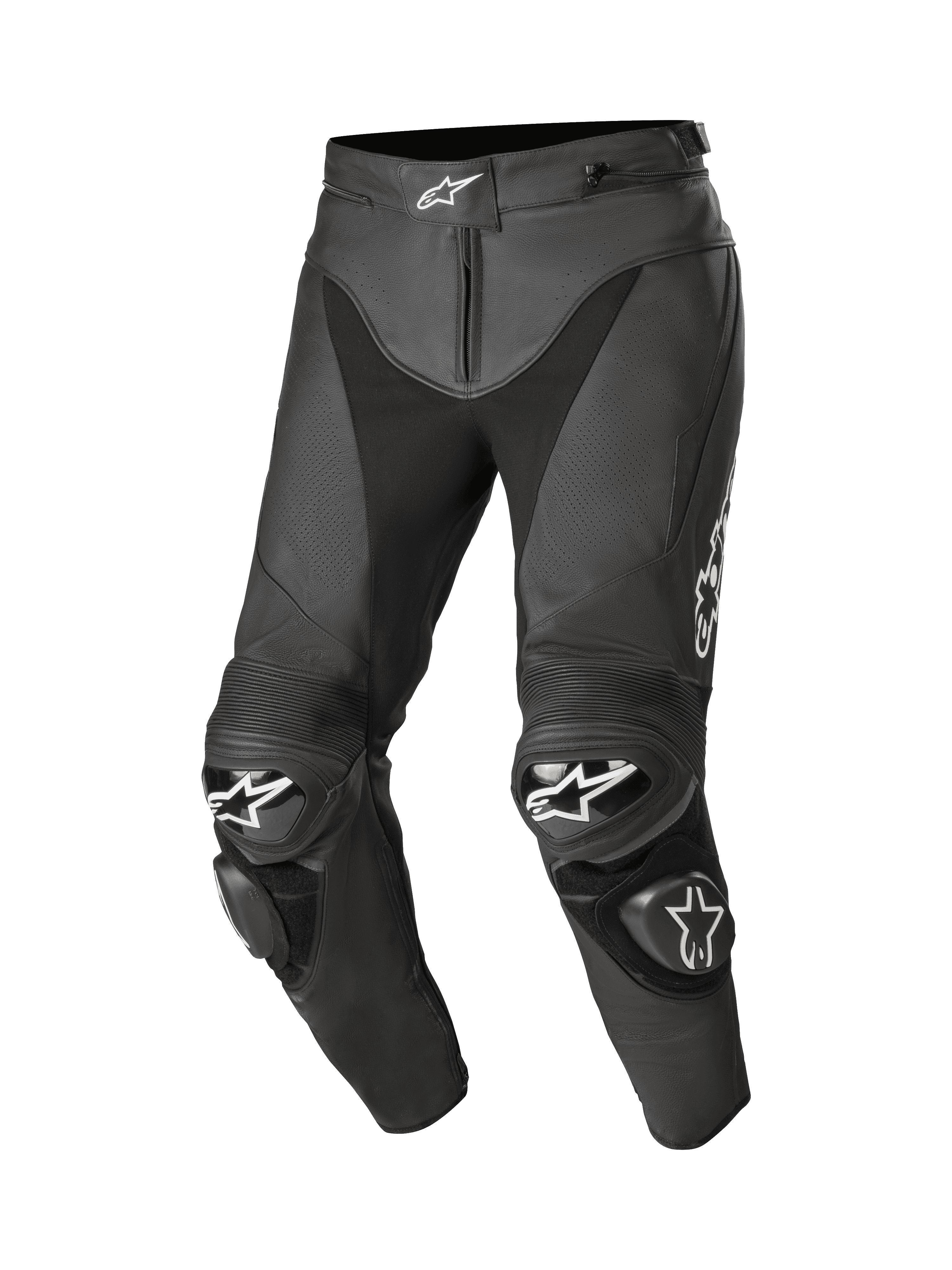 Alpinestars Track V2, pantaloni da moto in pelle nera, con loghi a stella bianchi in vita e sulle ginocchia, pelle traforata, pannelli a soffietto sopra le ginocchia e saponette TPU sostituibili, pregiata pelle bovina da 1,3 mm con struttura pre-curvata per prestazioni racing