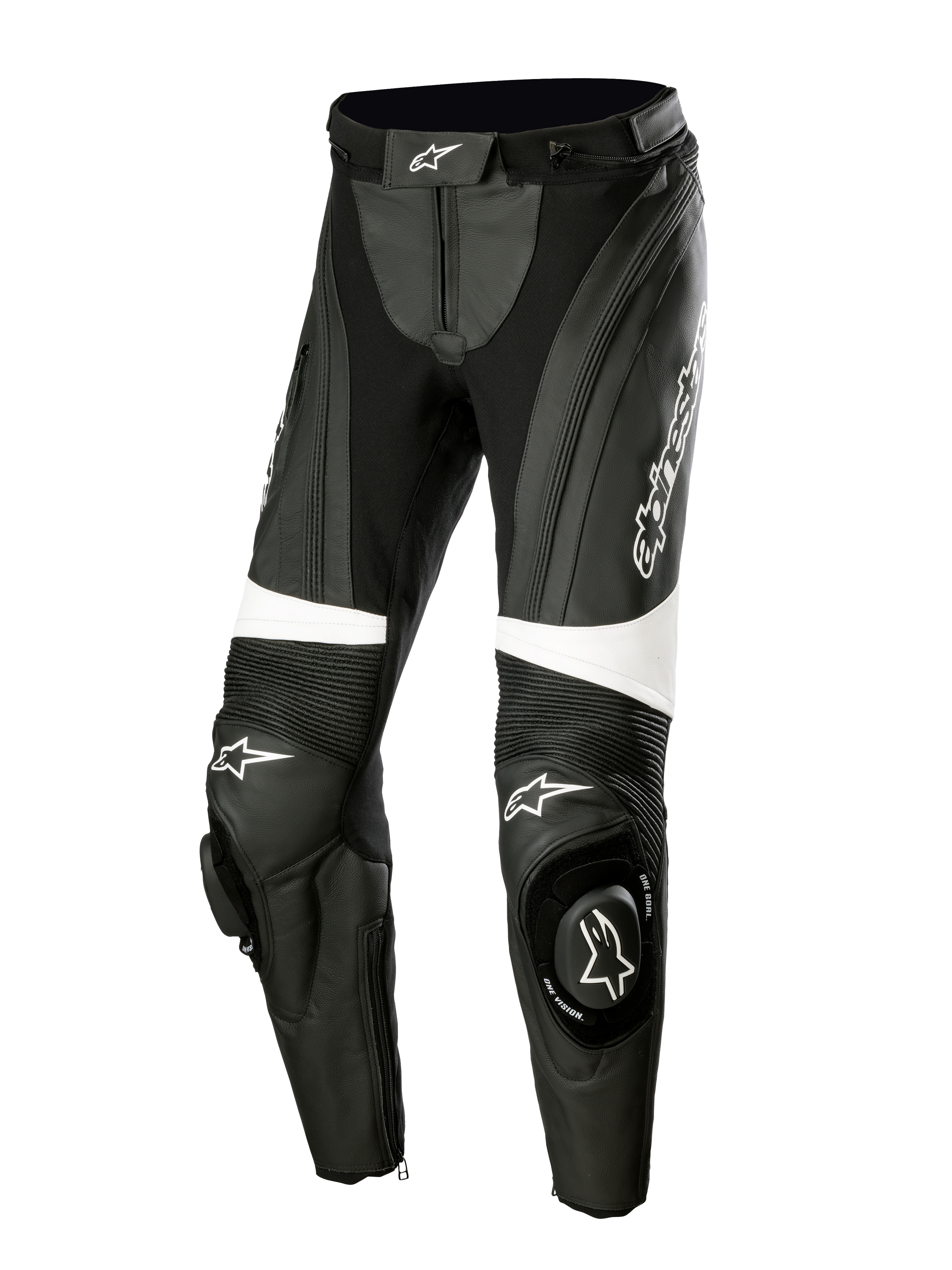 Alpinestars Stella Missile V3 Leather Pants, pantaloni moto racing da donna, nero e bianco, con pannelli a fisarmonica sopra le ginocchia, slider integrati con logo Alpinestars, dettagli bianchi e vestibilità aerodinamica per guida sportiva e in pista.